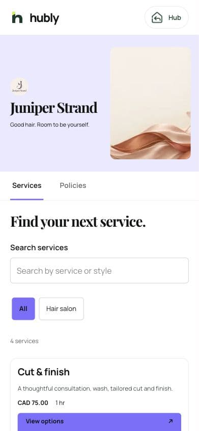 Juniper Strand service catalog in the actual Hubly interface