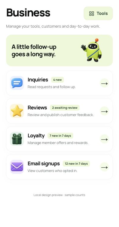 Hubly Business showing Inquiries, Reviews, Loyalty and Email signups with sample counts