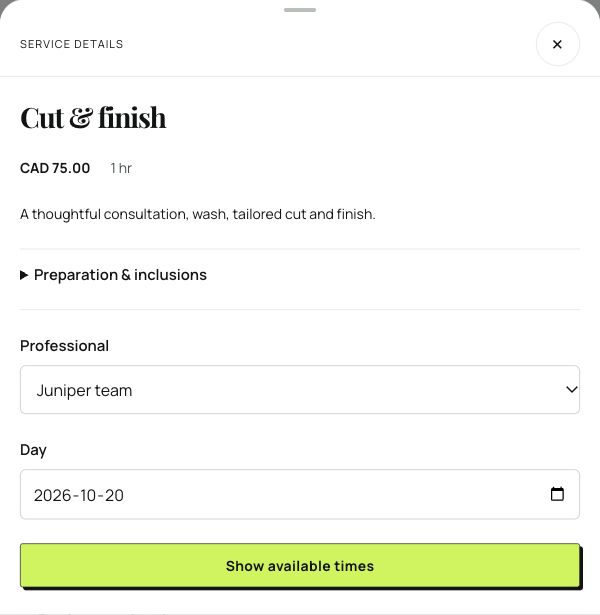 Actual Hubly service detail showing the price, duration, and professional and day selection for a haircut